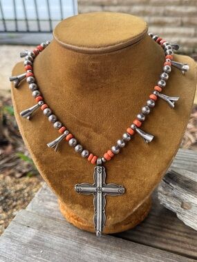 Native American Squash Blossom Necklace with Coral and Cross Pendant